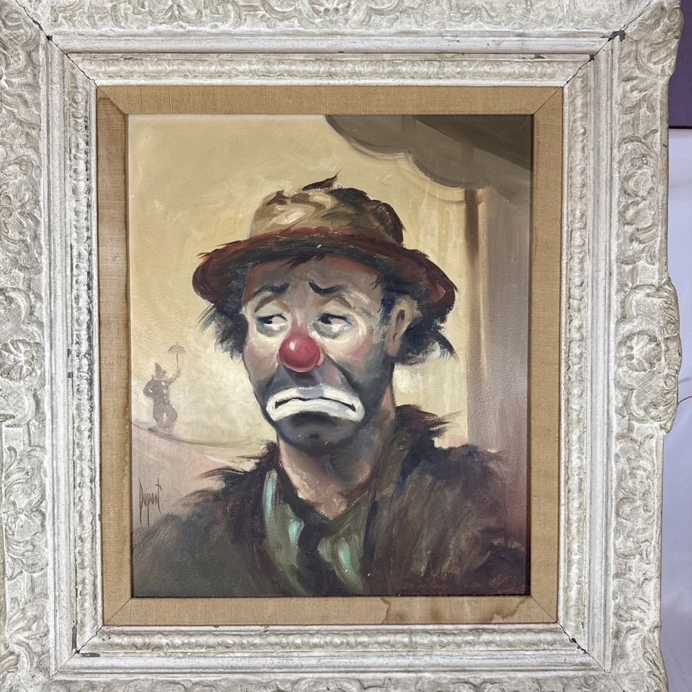 Vintage Alfred Dupont Sad Hobo Clown Oil Painting Ornate Mid Century Frame MCM